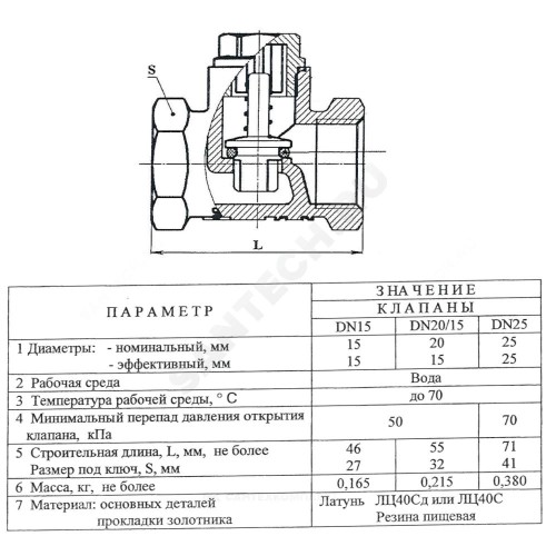Клапан обратный латунь подъемный Ду 15 Ру16 Тмакс=70 оС ВР 1/2" золотник латунь Цветлит ZW20026
