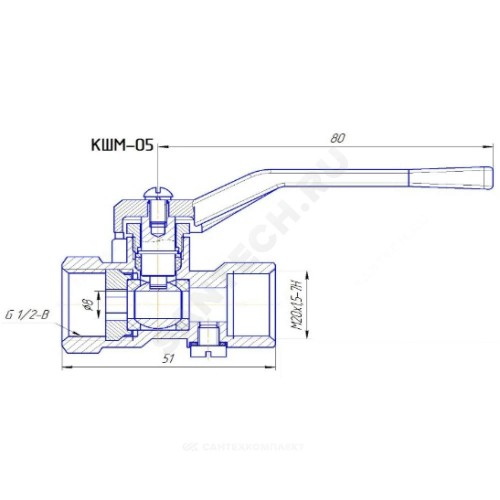 Кран для манометра шаровой латунь газ 11Б27п10 Ду 15 Ру16 ВР G1/2"-М20х1,5 с рукояткой без фланца ВИПРА КШМ-05.00.000