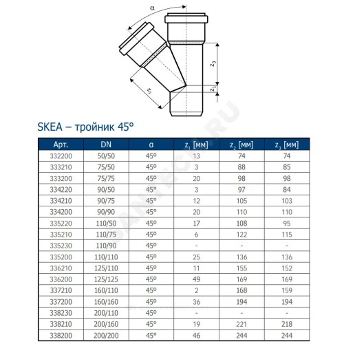 Тройник PP-MD бесшумный светло-серый Skolan dB SKEA Дн 200х200х45гр (DN200) б/нап в/к Ostendorf 338200