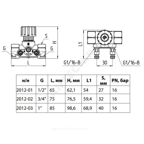 Клапан-партнер балансировочный ручной латунь 2012 Ду 15 G1/2" Ру16 Тмакс=120 оС ВР Kvs=1.6м3/ч с измерительными ниппелями для автоматических клапанов EURO Aquasfera 2012-01