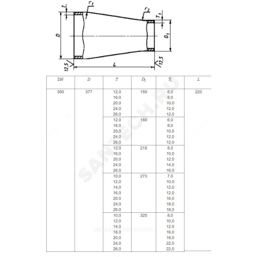 Переход сталь концентрический Дн 426х10,0-273х10,0 (Ду 400х250) бесшовный ГОСТ 17378-2001