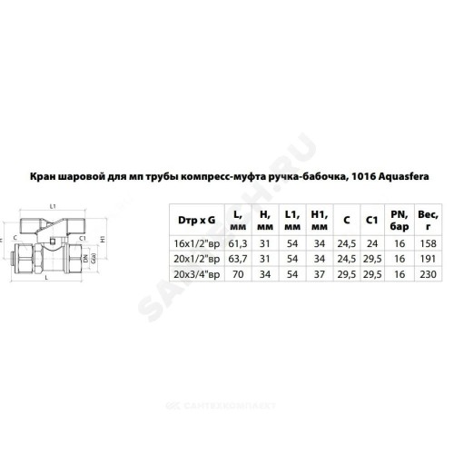 Кран шаровой латунь никель 1016 Euro Дн 20х3/4" Ру16 ВР/обжим бабочка красная Aquasfera 1016-03