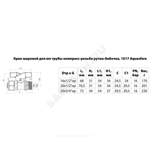 Кран шаровой латунь никель 1017 Euro Дн 16х1/2" Ру16 НР/обжим бабочка красная Aquasfera 1017-01