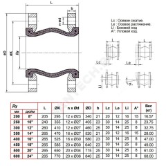 Компенсатор резиновый антивибрационный EPDM DI724016N Ду 400 Ру16 фл L=265мм Tecofi DI724016N-0400 сжатие/растяжение 30 мм/14 мм