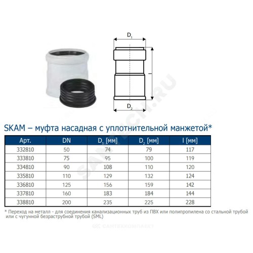 Муфта PP-MD насадная бесшумная светло-серая Skolan dB SKAM Дн 78 (DN70) б/нап в/к Ostendorf 333810