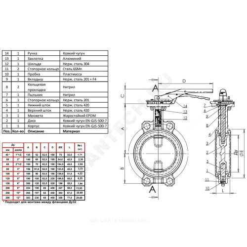 Затвор дисковый поворотный чугун VPI4448-02EP Ду 40 Ру16 межфл с рукояткой диск чугун манжета EPDM Tecofi VPI4448-02EP0040