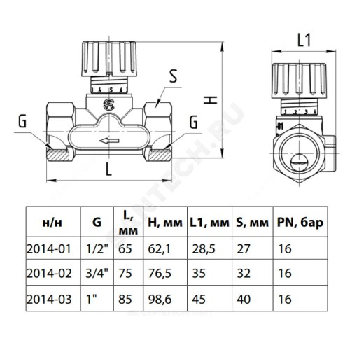 Клапан балансировочный ручной латунь 2014 Ду 20 G3/4" Ру16 Тмакс=120 оС ВР Kvs=2.5м3/ч без ниппелей EURO Aquasfera 2014-02