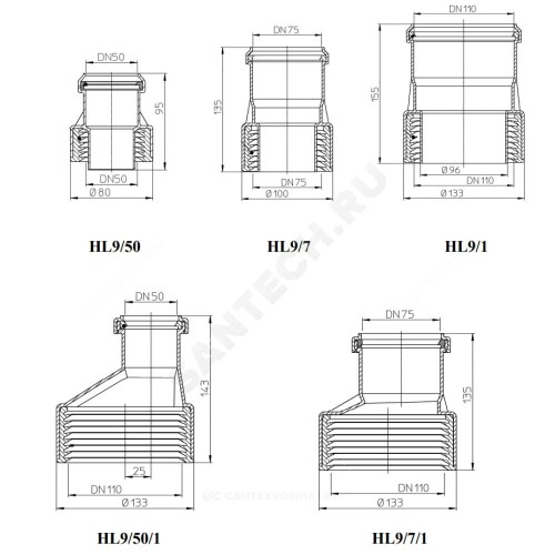 Переход PP-H Дн 50х50 б/нап ПП,НПВХ-чугун(сталь) HL 9/50