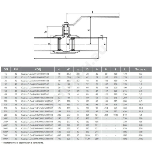 Кран шаровой сталь газ КШ.Ц.П.GAS Ду 20 Ру40 п/привар L=200мм LD КШ.Ц.П.GAS.020.040.Н/П.02