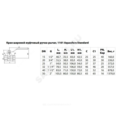 Кран шаровой латунь никель 1101 Standard Ду 40 Ру16 ВР полнопроходной рычаг белый Aquasfera 1101-05