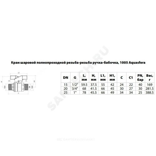 Кран шаровой латунь никель 1005 Euro Ду 15 Ру40 НР полнопроходной бабочка красная Aquasfera 1005-01