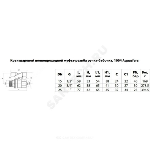 Кран шаровой латунь никель 1004 Euro Ду 25 Ру25 ВР/НР полнопроходной бабочка красная Aquasfera 1004-03