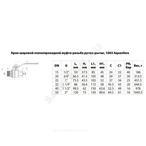 Кран шаровой латунь никель 1003 Euro Ду 25 Ру25 ВР/НР полнопроходной рычаг красный Aquasfera 1003-03