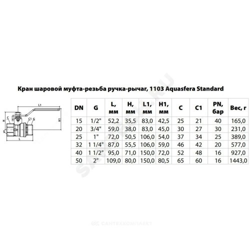 Кран шаровой латунь никель 1103 Standard Ду 20 Ру30 ВР/НР полнопроходной рычаг белый Aquasfera 1103-02