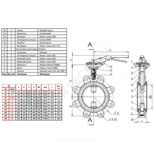 Затвор дисковый поворотный чугун VPI4649-02EP Ду 250 Ру16 с резьб проушинами с рукояткой диск нерж манжета EPDM Tecofi VPI4649-02EP0250